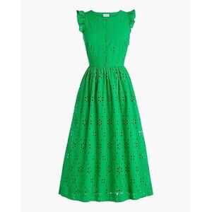 J. Crew Kelly Green Eyelet Shirtdress Women’s 6 Midi Ruffles Round Neck Preppy